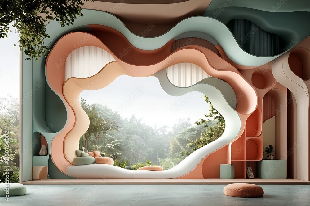 Poster innovative modular building system composed of interlocking air cushioned modules featuring an organ
