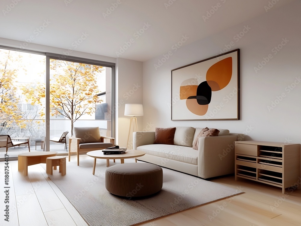 Poster minimalist urban apartment interior with space saving features built in storage and multifunctional 