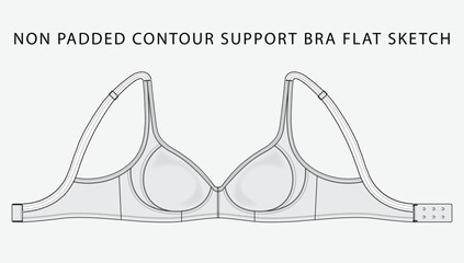 Non Padded contour support bra flatsketch, technical drawing, bralette, flat sketch, fashion technology, tech pack, vector, editable stroke © RDYD Studio