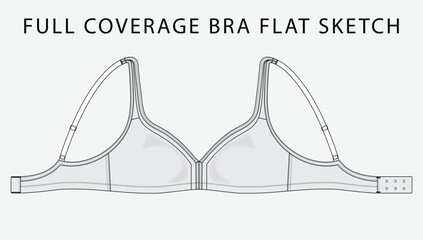 Full coverage bra flatsketch, technical drawing, bralette, flat sketch, fashion technology, tech pack, vector, editable stroke