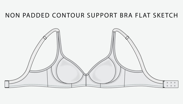 Non Padded contour support bra flatsketch, technical drawing, bralette, flat sketch, fashion technology, tech pack, vector, editable stroke