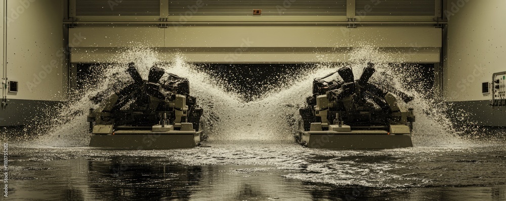Poster two large machines creating splashes in a flooded industrial setting.