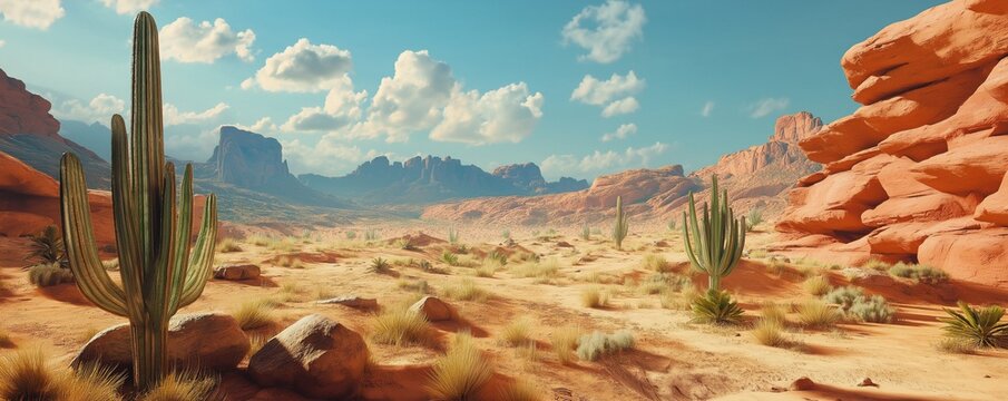 cinematic desert background with red rocks and cactuses
