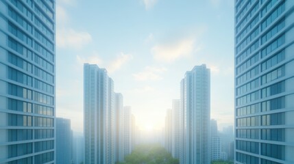 Fototapeta premium A city skyline with a bright sun shining through the windows of the buildings