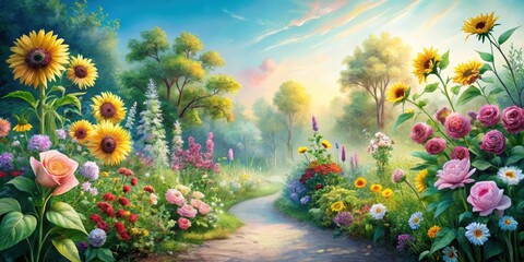 Naklejka premium Sunlit Pathway Through a Vibrant Floral Paradise, Featuring Sunflowers, Roses, and a Diverse Array of Blossoms