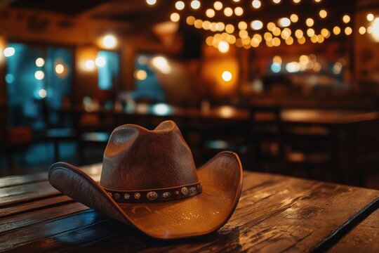 leather cowboy hat on a wooden bar top in a rustic country bar