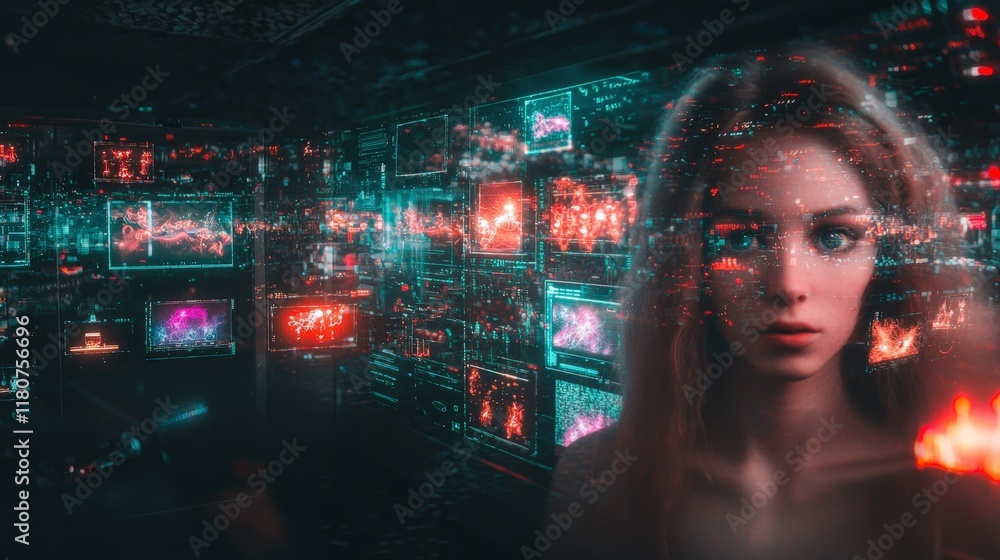 Poster futuristic ai woman data streams digital interface technology network cyberspace in