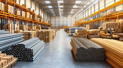 A spacious warehouse filled with stacked materials and organized shelving.