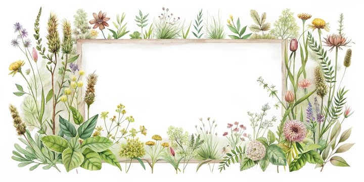 A delicate watercolor illustration featuring a variety of wildflowers and grasses arranged around a blank rectangular frame, perfect for invitations, announcements, or other design projects.