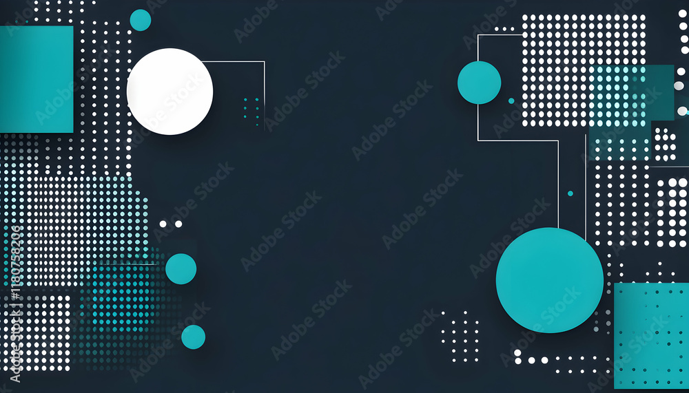 Poster abstract geometric background design with teal and white circles, squares, and halftone patterns on 