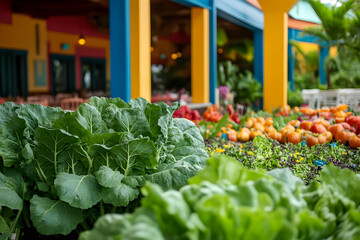 Fresh produce displayed outside a vibrant restaurant.