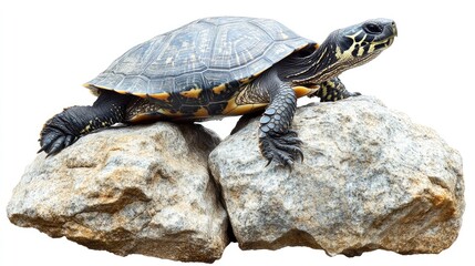 Fototapeta premium A turtle resting on two rocks, showcasing its natural habitat and serene posture.