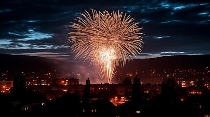 Night Cityscape Fireworks Display Over Hills