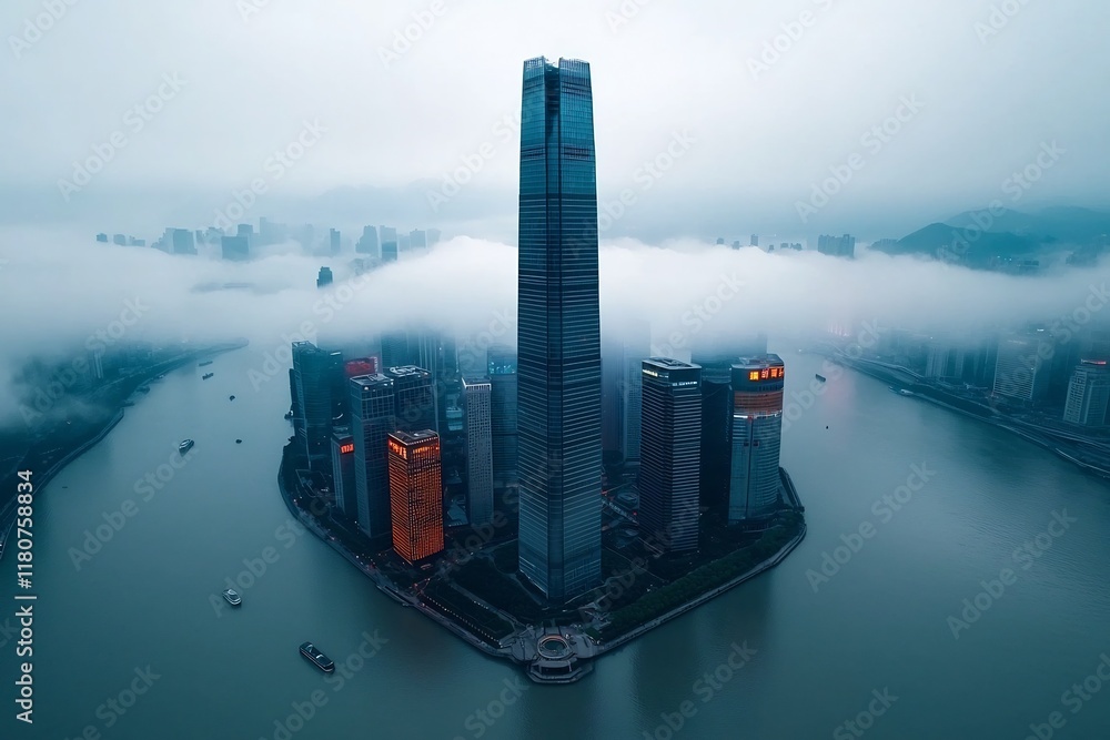 Poster innovative and cutting edge skyscraper soaring above a misty dynamic city skyline with panoramic vie