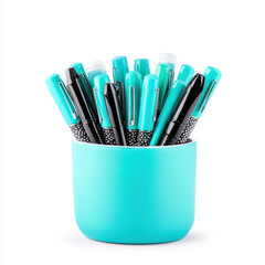 Fototapeta premium Aqua pen holder with assorted pens and markers on white background isolated design on white background