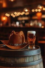 a glass of beer and a cowboy hat on a wooden barrel with a blurred bar in the background