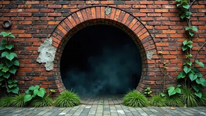 Mysterious arched passageway in aged brick wall, veiled in smoky darkness, flanked by vibrant green foliage