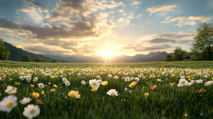 serene sunset over field of colorful flowers, creating peaceful atmosphere