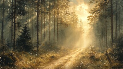 Fototapeta premium Sunlit path through a misty pine forest.