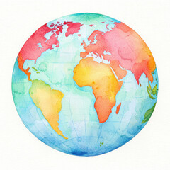Fototapeta premium Colorful watercolor globe with vibrant continents and ocean details isolated design on white background