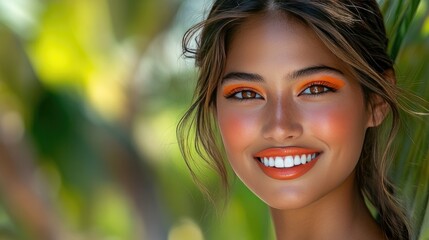 Fototapeta premium Bright summer beauty with vibrant orange makeup