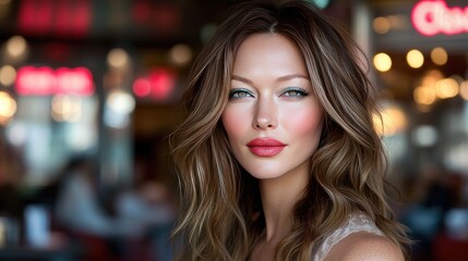 Fototapeta premium Elegant woman with glamorous makeup in a vibrant café setting