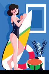 Surfer girl in a swimming suit with surfboard illustration