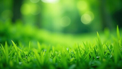 Fototapeta premium Close-up View of Vibrant Green Grass Blades with a Softly Blurred Background of Lush Greenery
