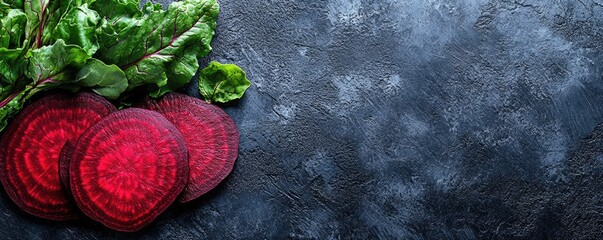 Freshly sliced red radishes with leafy greens on textured background