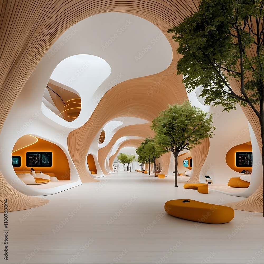 Poster technologically advanced mobility hub featuring a harmonious blend of organic and inorganic architec