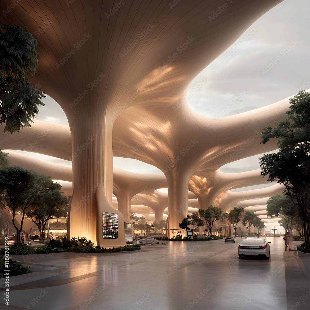 Poster futuristic mobility hub featuring a harmonious blend of organic and inorganic architectural forms ef