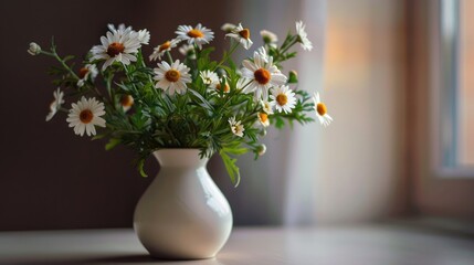 a white ceramic vase with large daisies and green leaf