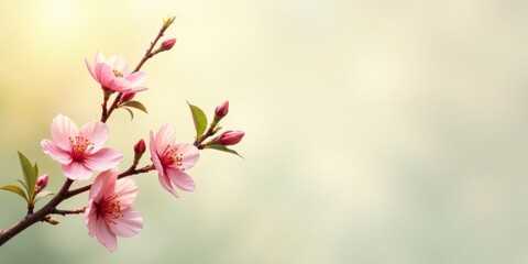 Obraz premium Delicate Pink Blossoms on a Branch Against a Soft, Blurred Background, Evoking Feelings of Serenity and Springtime Renewal