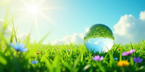 A crystal sphere reflects a vibrant meadow, showcasing the beauty of a sunlit day and the lush green grass dotted with wildflowers
