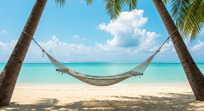 A hammock tied between two palm trees on a tropical beach, with soft waves lapping the shore and a clear blue sky above - Powered by Adobe