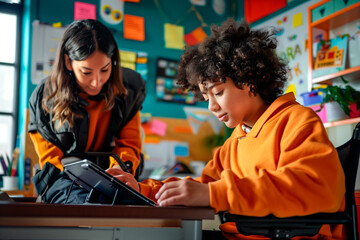 Young student with autism using tablet in inclusive classroom with teacher assisting
