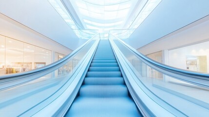 A long escalator with a blue stripe down the middle