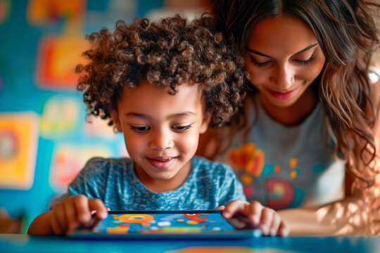 Teacher assisting young african-american student using tablet in classroom