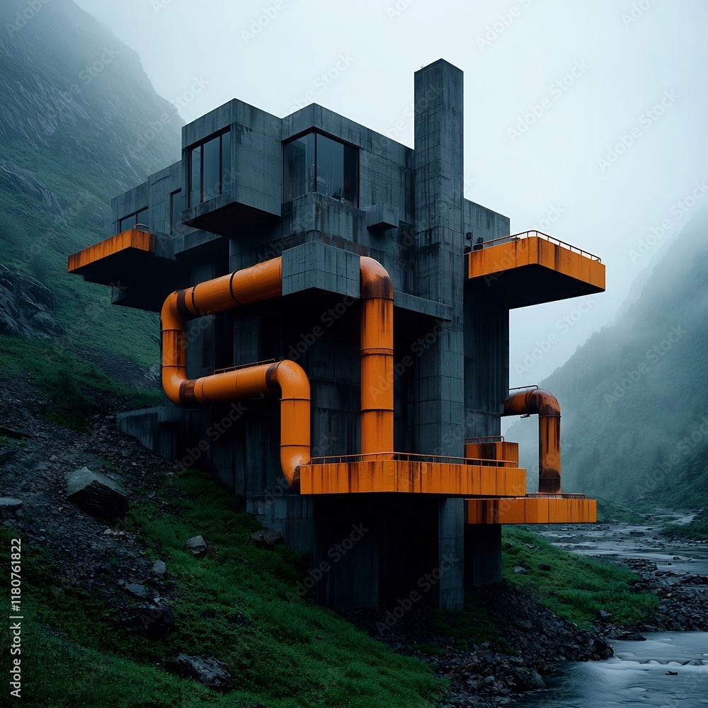 Poster imposing and futuristic geothermal powered industrial facility with bold angular architectural forms