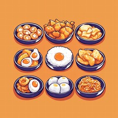 Vibrant High Fidelity Artwork Showcasing Traditional Dishes in Colorful Bowls