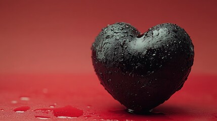 Fototapeta premium Black Heart on Red Background with Water Drops and Glossy Finish