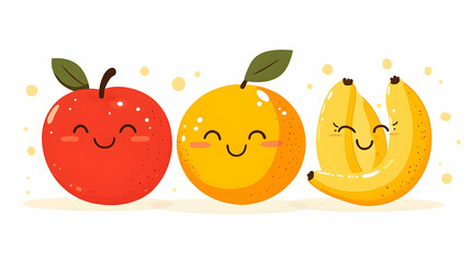 Happy fruits apple, orange, banana cartoon characters on white background for healthy food website design.