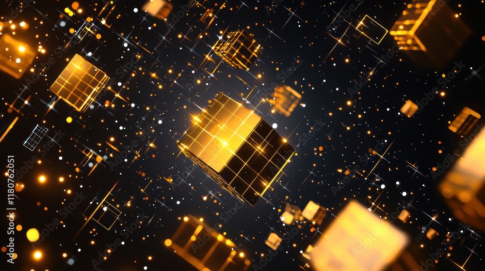 Poster elegant 3d matrix chip design with glowing elements in a dark background