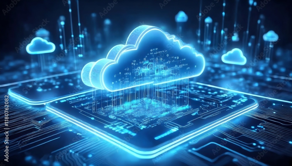 Poster a glowing cloud icon above a digital circuit board, symbolizing cloud computing and data transfer in