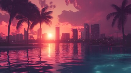 Obraz premium Pink Sunset over City Skyline, Palm Trees and Pool
