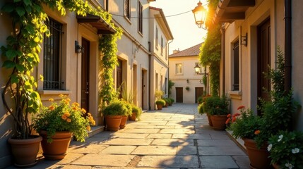 Naklejka premium Serene Courtyard Alleyway at Golden Hour, Adorned with Lush Greenery and Terracotta Pots, Exuding Tranquil Charm