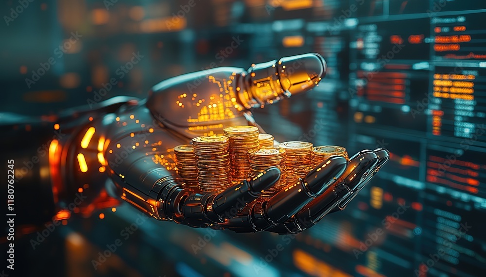 Poster artificial intelligence and financial technology concept.robot hand holding stacking pile of coins a