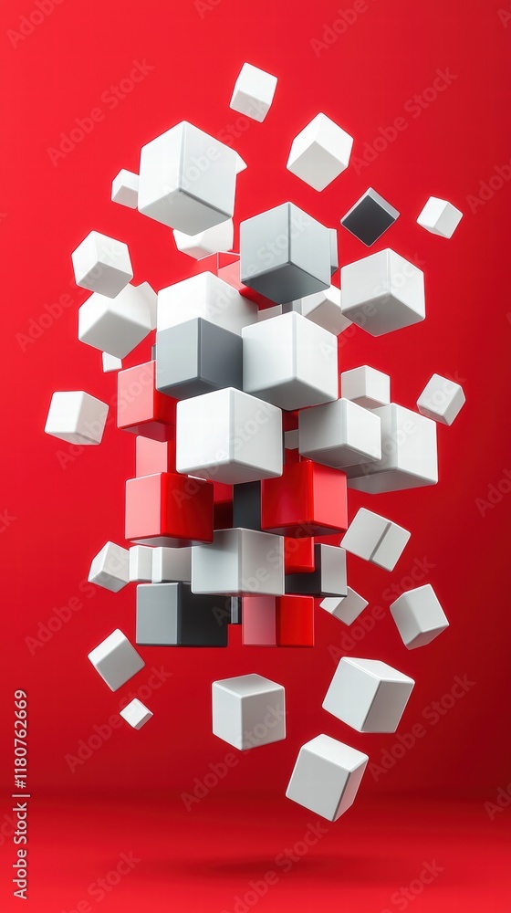 Poster floating abstract cubes in high-contrast colors on vibrant red background