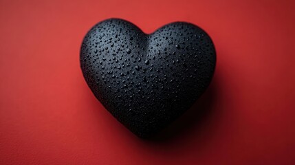 Fototapeta premium Black Heart with Water Droplets on Vibrant Red Background