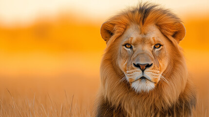 Obraz premium Majestic lion with a vibrant mane, set against a warm, golden background.
